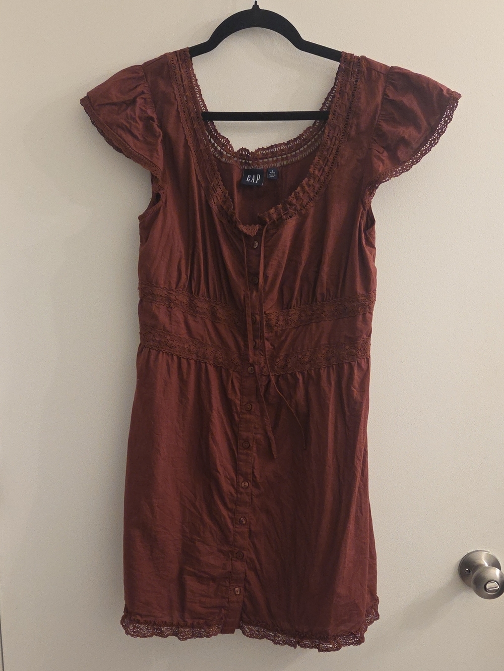 Gap Scoop Neck Lace-Trim Mini Dress In Andorra Red Brown, Size S Petite